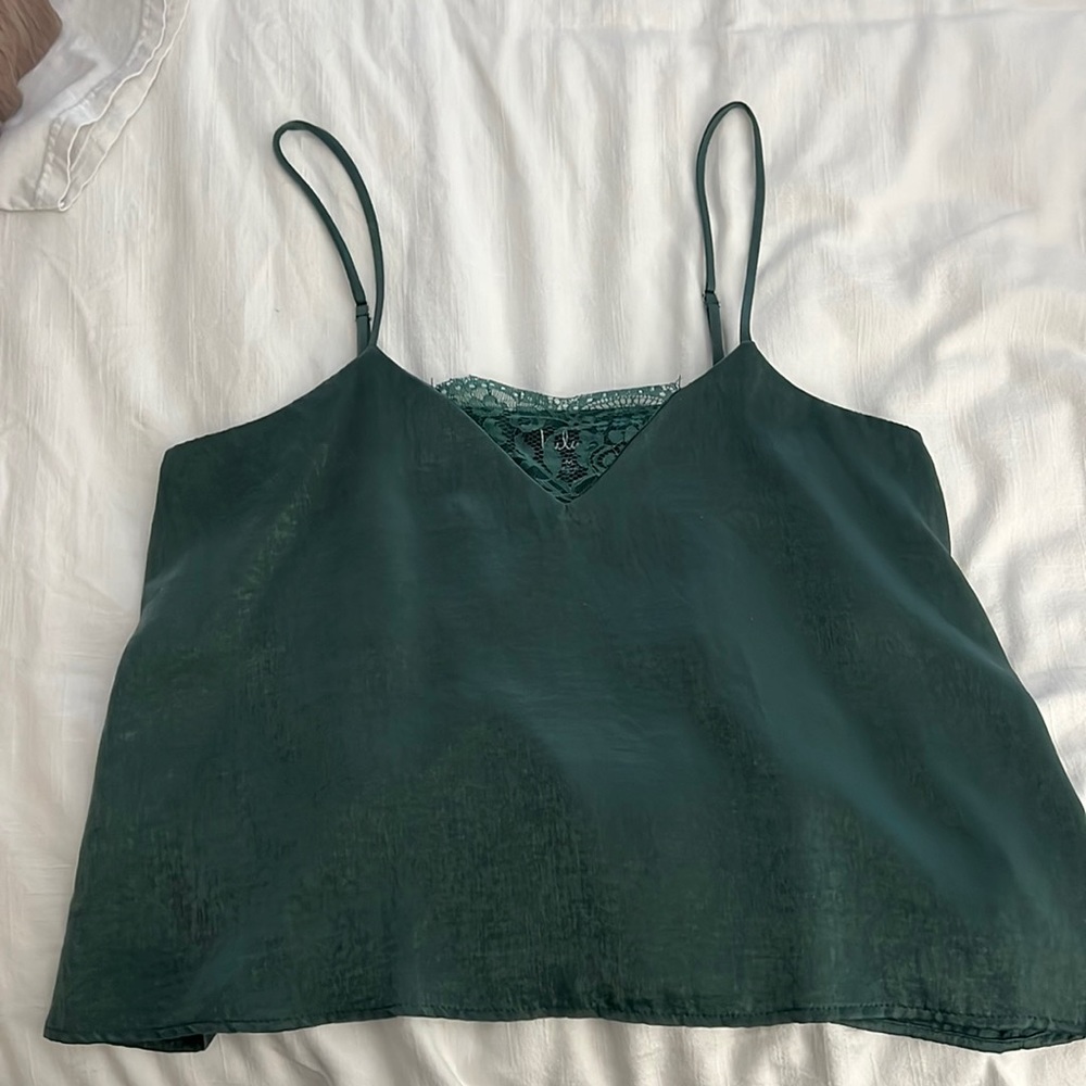Satin Green Tank Top with lace from trim.
